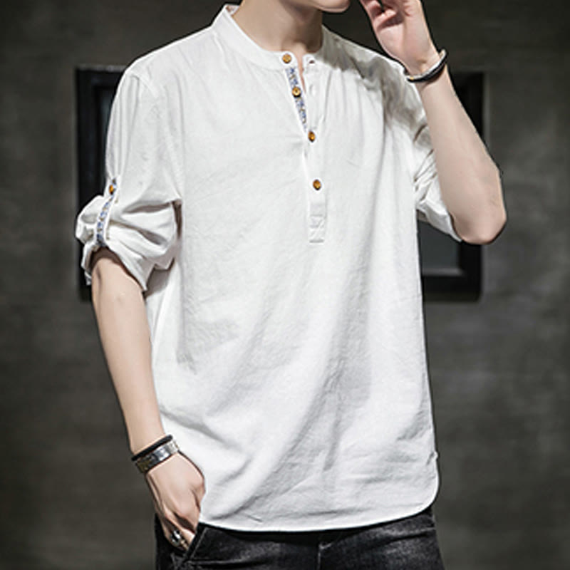 Buddha Stones Summer Solid Men's Half Buttons Half Sleeve Linen Shirt - image 27