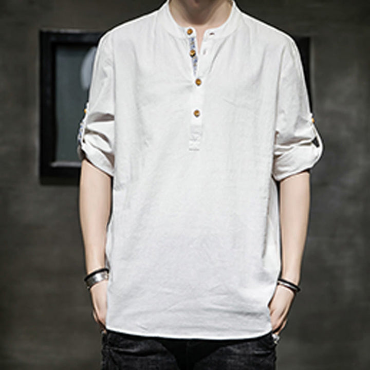 Buddha Stones Summer Solid Men's Half Buttons Half Sleeve Linen Shirt - image 29