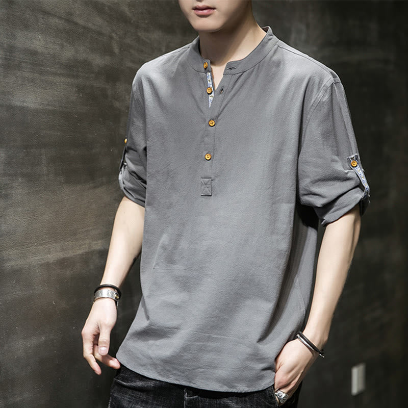 Buddha Stones Summer Solid Men's Half Buttons Half Sleeve Linen Shirt - image 6