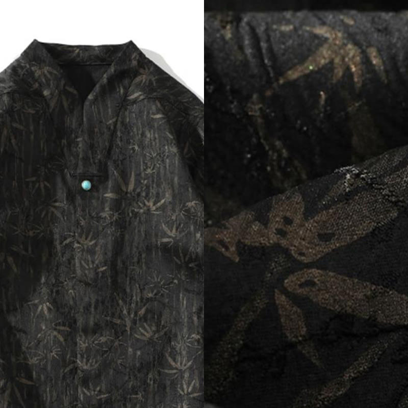 Buddha Stones Summer Golden Bamboo Jacquard Men's Half Sleeve Linen Shirt - image 4