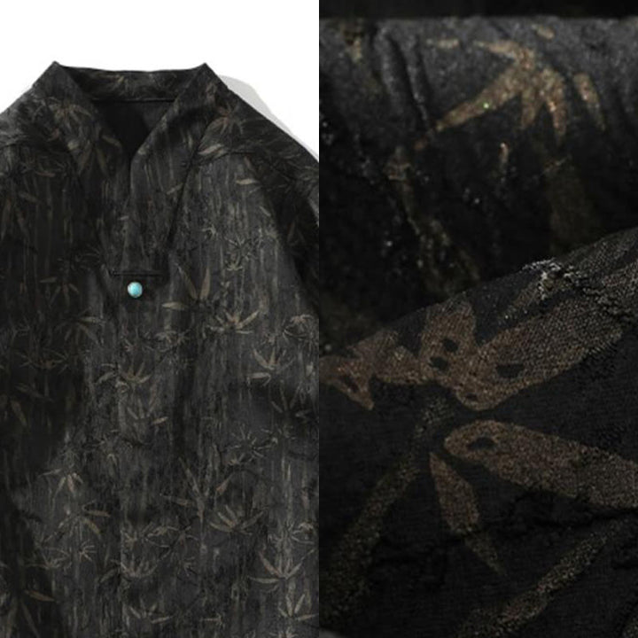 Buddha Stones Summer Golden Bamboo Jacquard Men's Half Sleeve Linen Shirt - image 4