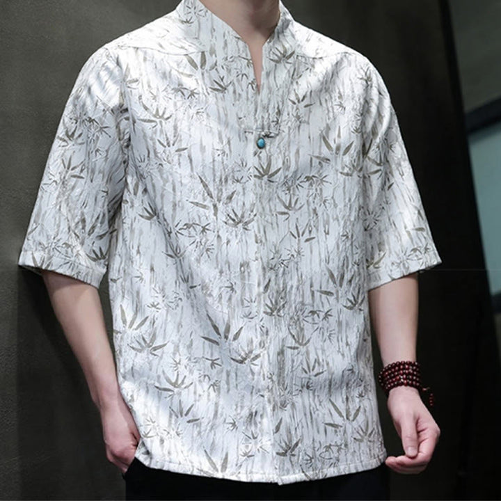 Buddha Stones Summer Golden Bamboo Jacquard Men's Half Sleeve Linen Shirt - image 9