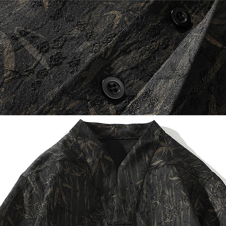 Buddha Stones Summer Golden Bamboo Jacquard Men's Half Sleeve Linen Shirt - image 3