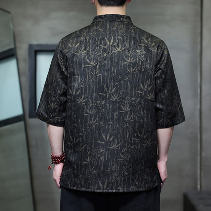 Buddha Stones Summer Golden Bamboo Jacquard Men's Half Sleeve Linen Shirt - image 1