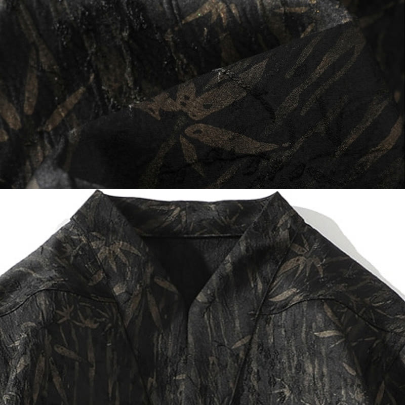 Buddha Stones Summer Golden Bamboo Jacquard Men's Half Sleeve Linen Shirt - image 5