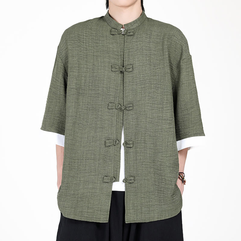 Buddha Stones Plain Tang Suit Frog-Button Design Men's Half Sleeve Shirt - DarkSeaGreen - US/UK/AU46，EU56 (5XL) - image 0