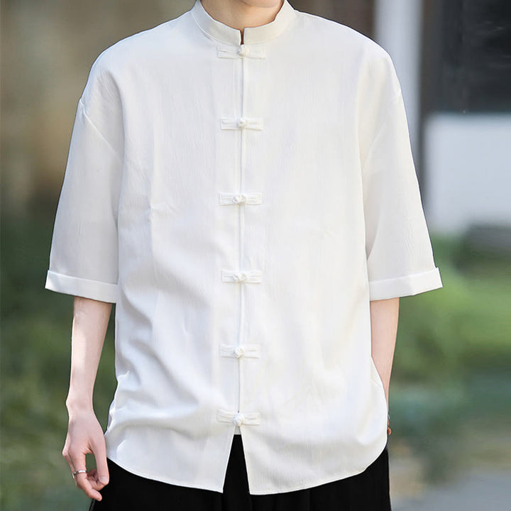 Buddha Stones Plain Tang Suit Frog-Button Design Men's Half Sleeve Shirt - image 5