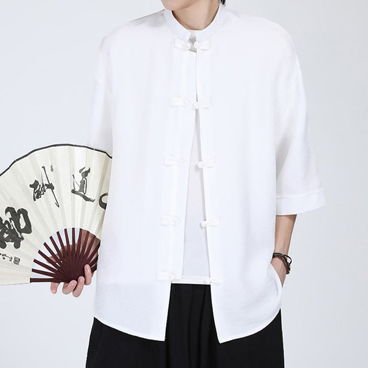 Buddha Stones Plain Tang Suit Frog-Button Design Men's Half Sleeve Shirt - image 2