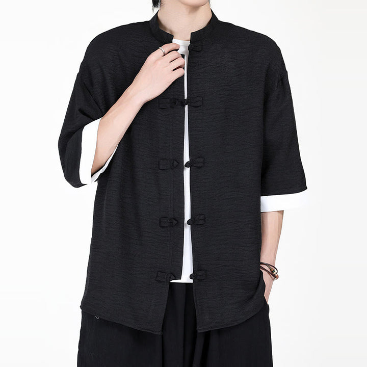 Buddha Stones Plain Tang Suit Frog-Button Design Men's Half Sleeve Shirt - image 8
