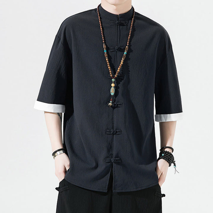 Buddha Stones Plain Tang Suit Frog-Button Design Men's Half Sleeve Shirt - image 10
