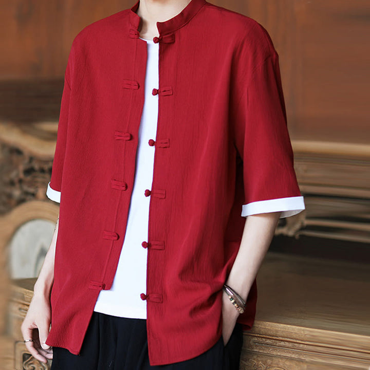 Buddha Stones Plain Tang Suit Frog-Button Design Men's Half Sleeve Shirt - image 16