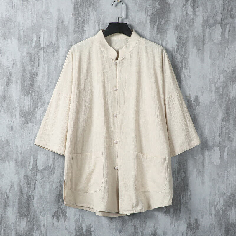 Buddha Stones Summer Solid Color Tang Suit Design Men's Half Sleeve Linen Shirt With Pockets - Linen - US/UK/AU46，EU56 (5XL) - image 0