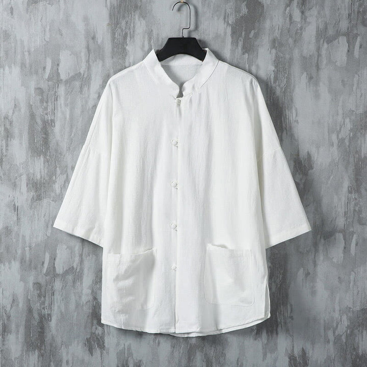 Buddha Stones Summer Solid Color Tang Suit Design Men's Half Sleeve Linen Shirt With Pockets - White - US/UK/AU46，EU56 (5XL) - image 2