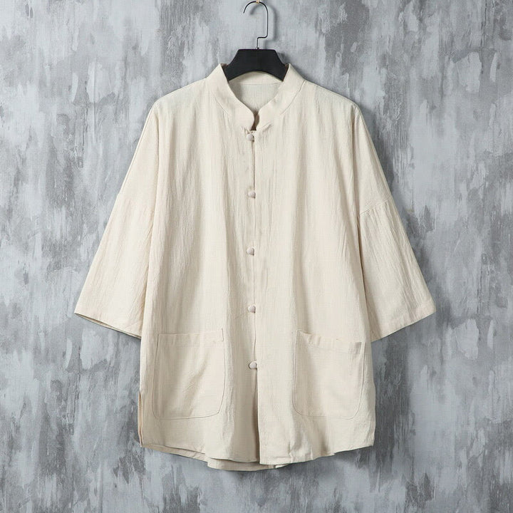 Buddha Stones Summer Solid Color Tang Suit Design Men's Half Sleeve Linen Shirt With Pockets - Linen - US/UK/AU46，EU56 (5XL) - image 0