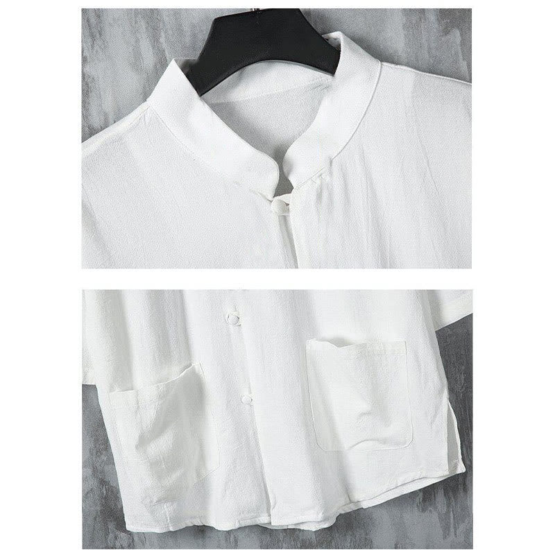 Buddha Stones Summer Solid Color Tang Suit Design Men's Half Sleeve Linen Shirt With Pockets - image 5