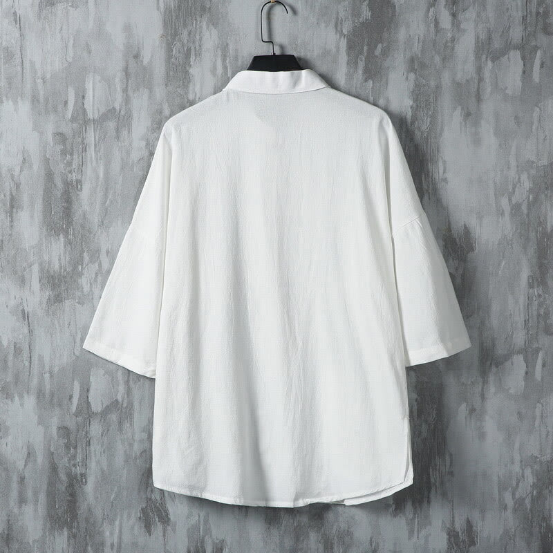 Buddha Stones Summer Solid Color Tang Suit Design Men's Half Sleeve Linen Shirt With Pockets - image 3