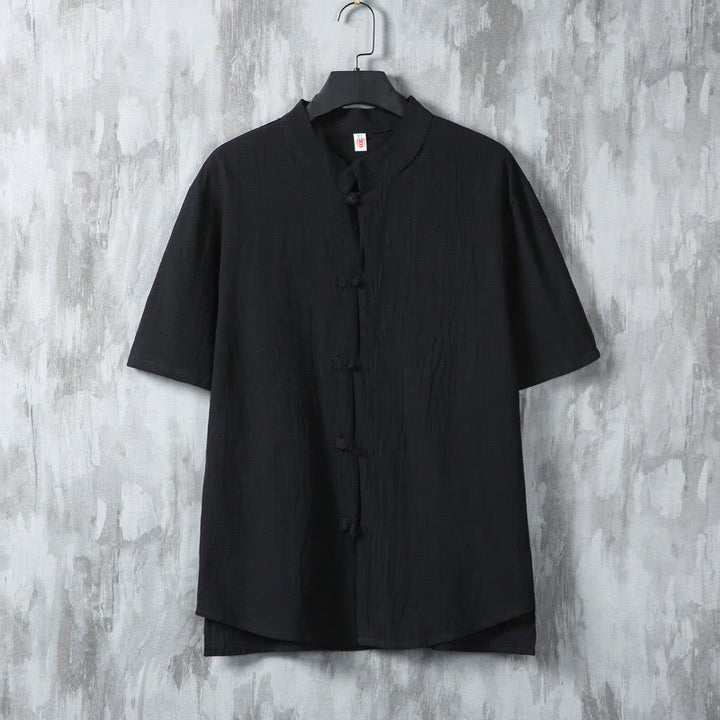 Buddha Stones Summer Plain Tang Suit Frog-Button Design Men's Short Sleeve Cotton Shirt - Black - US/UK/AU46，EU56 (5XL) - image 7