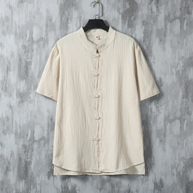 Buddha Stones Summer Plain Tang Suit Frog-Button Design Men's Short Sleeve Cotton Shirt - Linen - US/UK/AU46，EU56 (5XL) - image 0