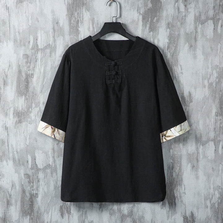 Buddha Stones Summer Frog-Button Yellow Bamboo Leaves Half Sleeve Men's Linen Shirt - Black - US/UK/AU46，EU56 (5XL) - image 6