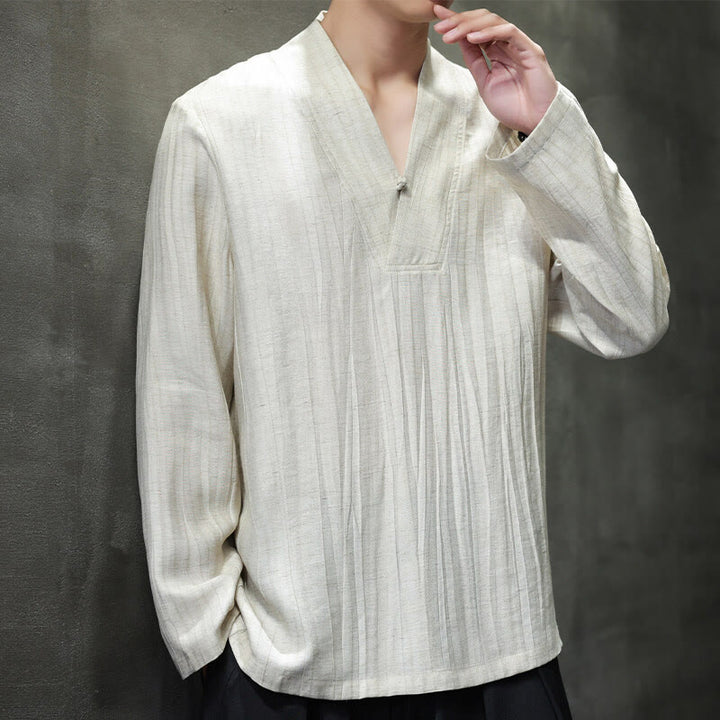 Buddha Stones Plain V-Neck Long Sleeve Men's Linen Shirt - image 10