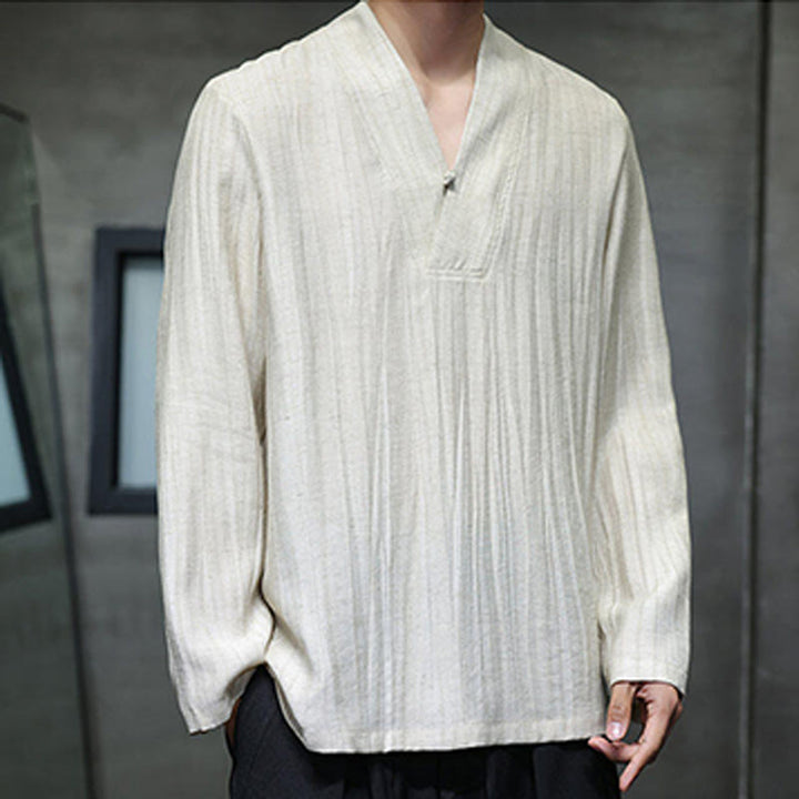 Buddha Stones Plain V-Neck Long Sleeve Men's Linen Shirt - image 13