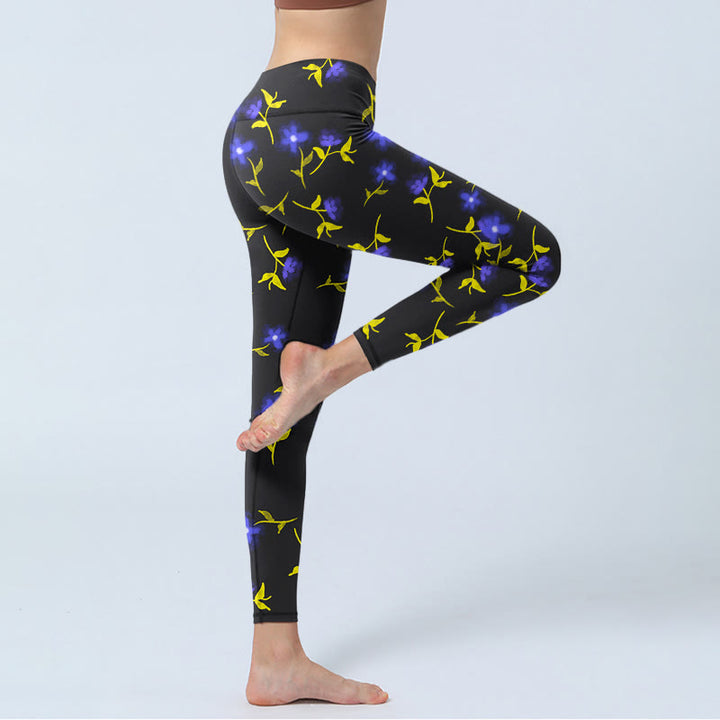 Buddha Stones Blue Flower Leaves Pattern Print Gym Leggings Women's Yoga Pants - image 4