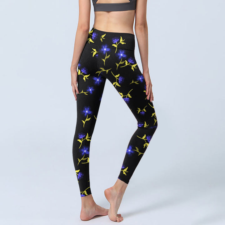 Buddha Stones Blue Flower Leaves Pattern Print Gym Leggings Women's Yoga Pants - image 3