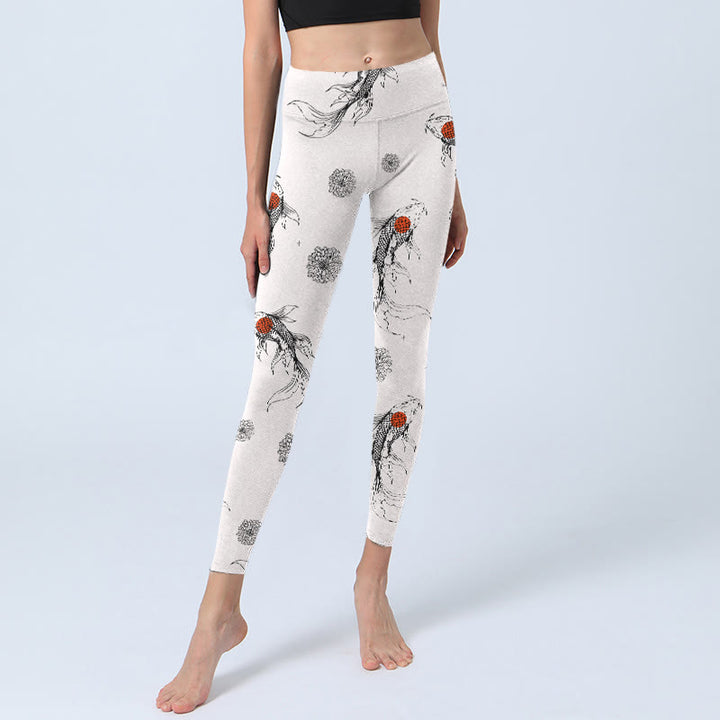 Buddha Stones Koi Fish Chrysanthemum Pattern Print Gym Leggings Women's Yoga Pants - image 5