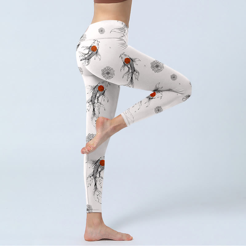 Buddha Stones Koi Fish Chrysanthemum Pattern Print Gym Leggings Women's Yoga Pants - image 4