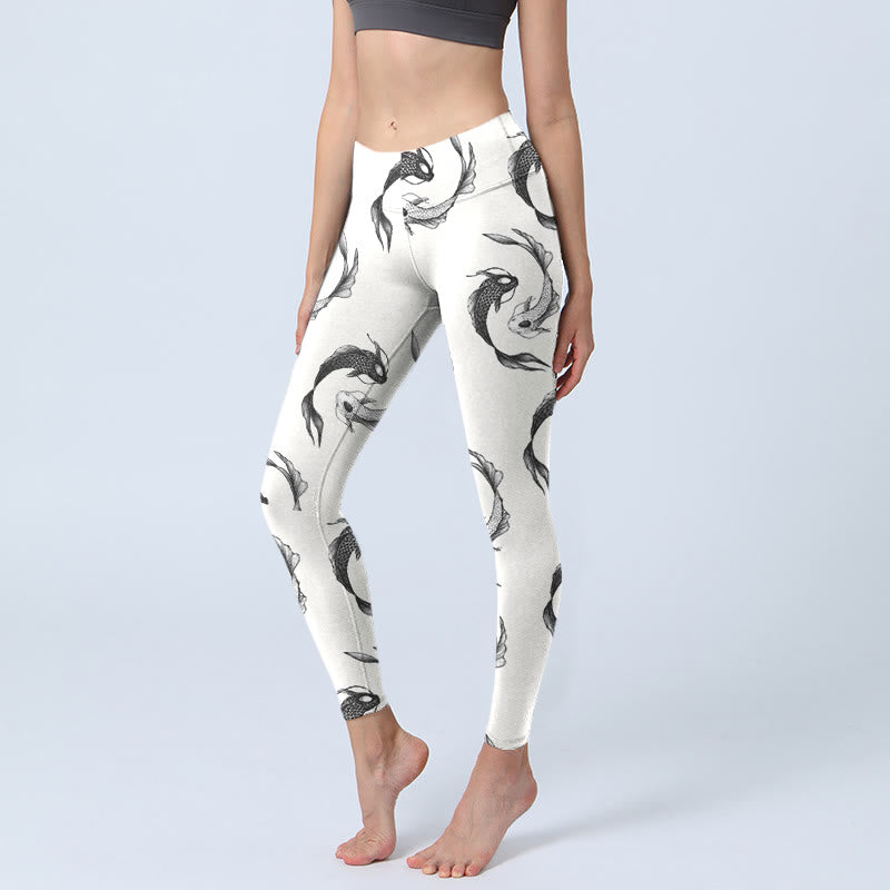 Buddha Stones YinYang Koi Fish Pattern Print Gym Leggings Women's Yoga Pants - White - US18，UK/AU22，EU50 (4XL) - image 0