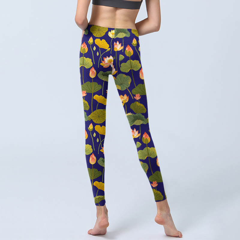 Buddha Stones Blooming Pink White Lotus Flower Lotus Leaves Pattern Print Gym Leggings Women's Yoga Pants - image 6