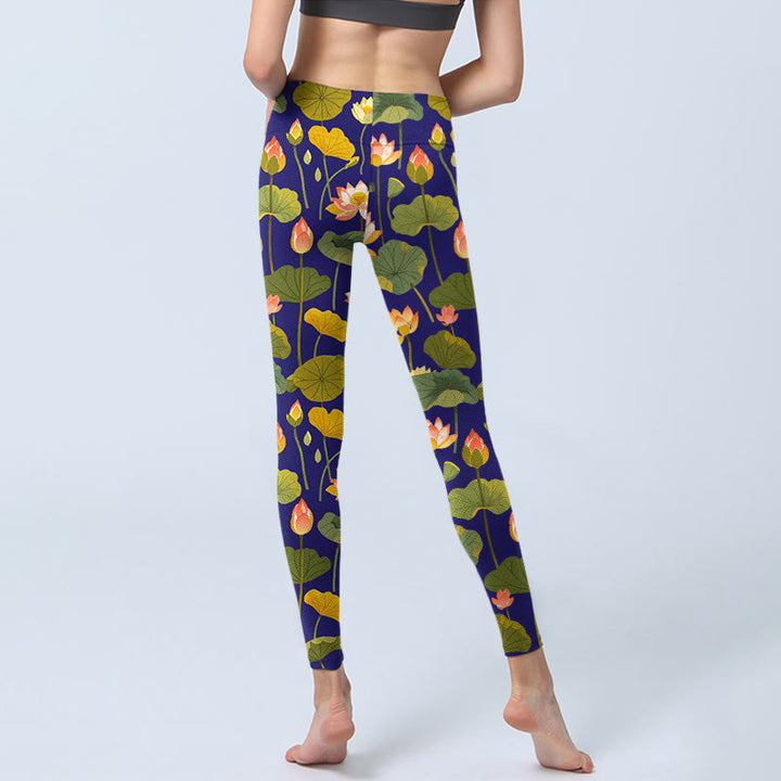 Buddha Stones Blooming Pink White Lotus Flower Lotus Leaves Pattern Print Gym Leggings Women's Yoga Pants - image 6