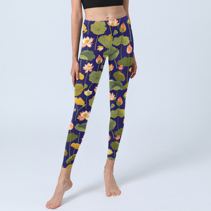 Buddha Stones Blooming Pink White Lotus Flower Lotus Leaves Pattern Print Gym Leggings Women's Yoga Pants - image 5