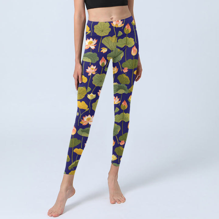 Buddha Stones Blooming Pink White Lotus Flower Lotus Leaves Pattern Print Gym Leggings Women's Yoga Pants - image 5