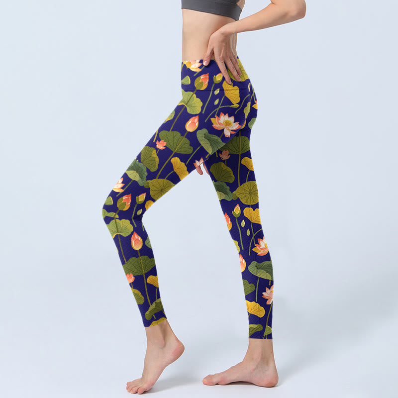 Buddha Stones Blooming Pink White Lotus Flower Lotus Leaves Pattern Print Gym Leggings Women's Yoga Pants - image 2
