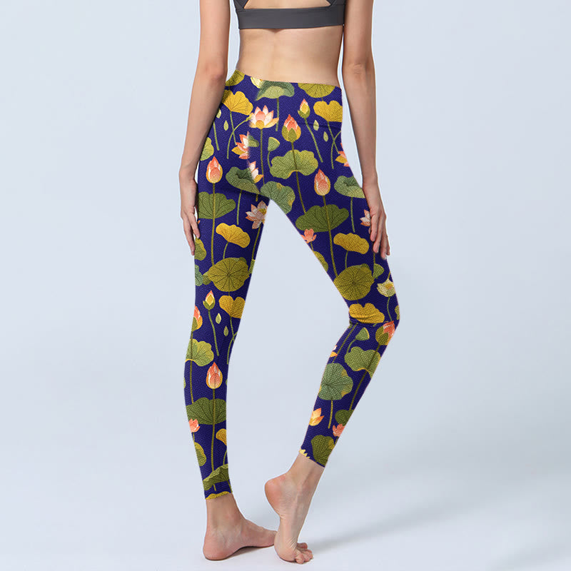 Buddha Stones Blooming Pink White Lotus Flower Lotus Leaves Pattern Print Gym Leggings Women's Yoga Pants - image 3