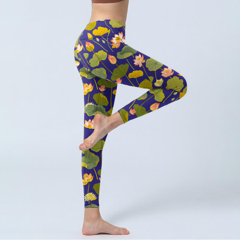 Buddha Stones Blooming Pink White Lotus Flower Lotus Leaves Pattern Print Gym Leggings Women's Yoga Pants - image 4