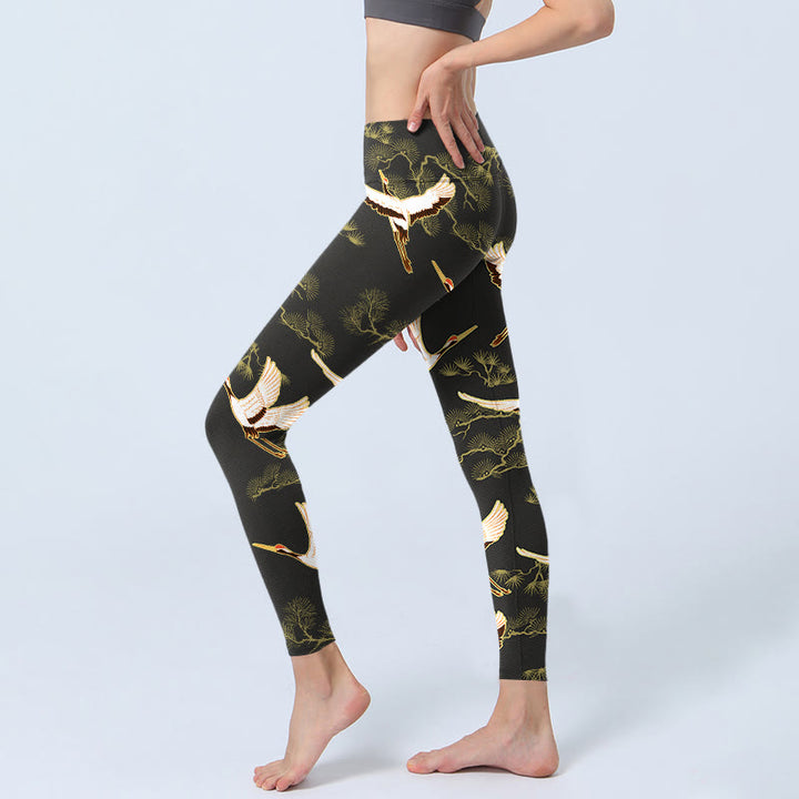 Buddha Stones Soaring Crane Pine Tree Pattern Print Gym Leggings Women's Yoga Pants - image 2