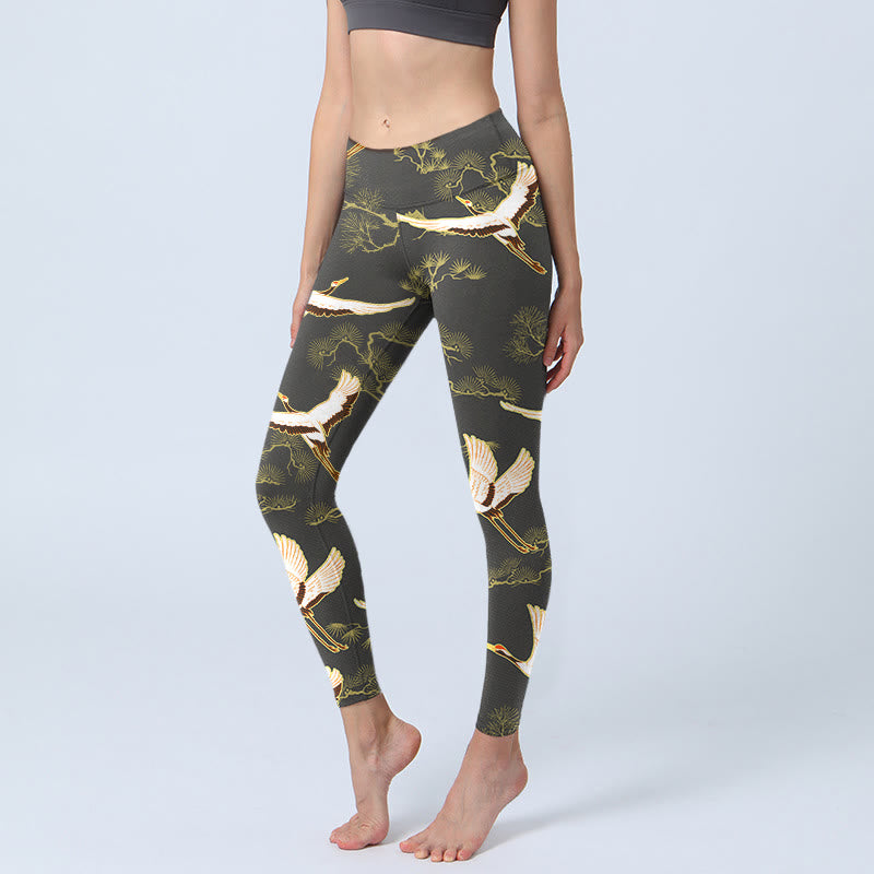 Buddha Stones Soaring Crane Pine Tree Pattern Print Gym Leggings Women's Yoga Pants - Black - US18，UK/AU22，EU50 (4XL) - image 0