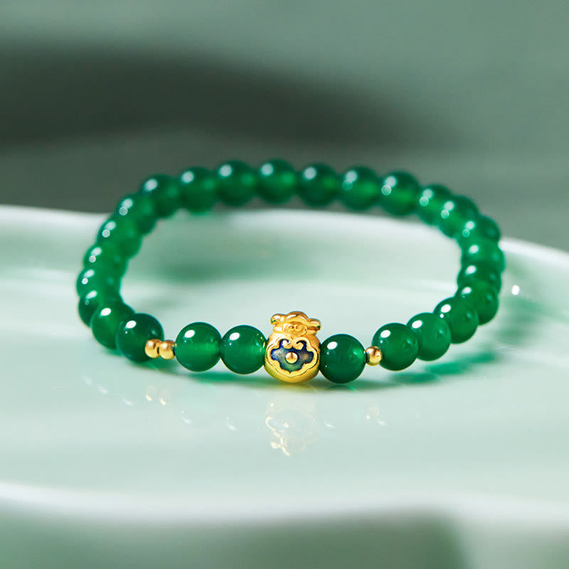 Buddha Stones 999 Sterling Silver Lucky Bag Green Chalcedony Calm Bracelet - image 1