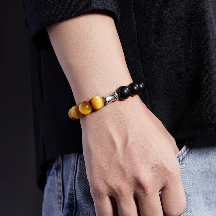 Buddha Stones 999 Sterling Silver Ebony Tiger Eye Black Obsidian Relax Bracelet - image 8