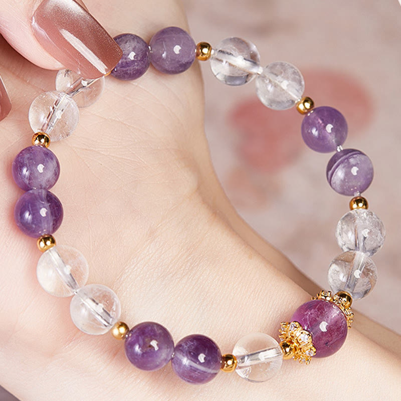 Buddha Stones 925 Sterling Silver Natural Amethyst White Crystal Balance Bracelet - image 3