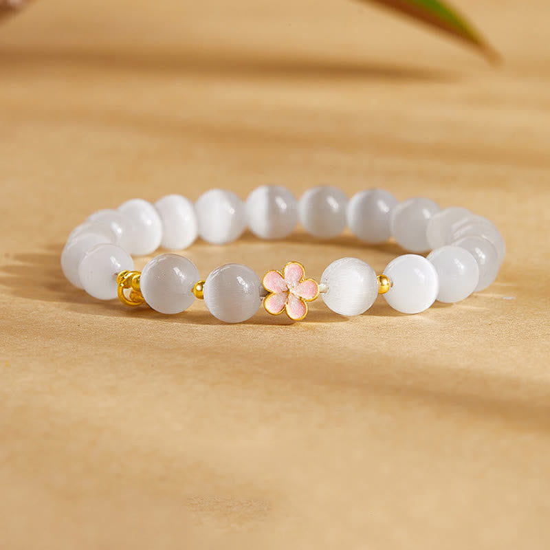 Buddha Stones 925 Sterling Silver Natural Peach Blossom White Cat's Eye Positive Bracelet - White Cat's Eye(Wrist Circumference:17-19cm) - image 0