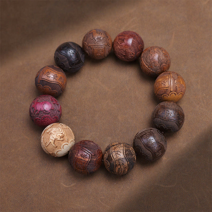 Buddha Stones Carving Sandalwood Chinese Zodiac Auspicious Dragon Phoenix Fu Character Healing Bracelet - Chinese Zodiac - image 4