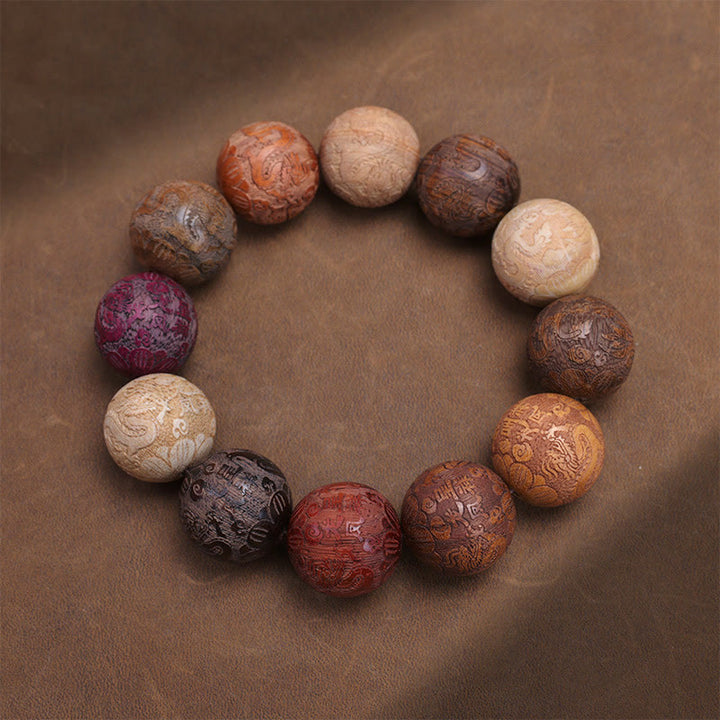 Buddha Stones Carving Sandalwood Chinese Zodiac Auspicious Dragon Phoenix Fu Character Healing Bracelet - Auspicious Dragon Phoenix - image 13