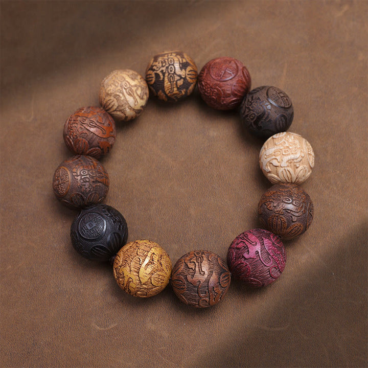 Buddha Stones Carving Sandalwood Chinese Zodiac Auspicious Dragon Phoenix Fu Character Healing Bracelet - Attract Wealth - image 2