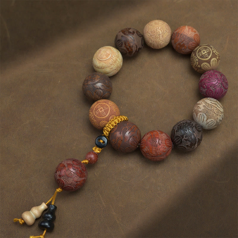 Buddha Stones Carving Sandalwood Chinese Zodiac Auspicious Dragon Phoenix Fu Character Healing Bracelet - Attract Wealth Gourd - image 26