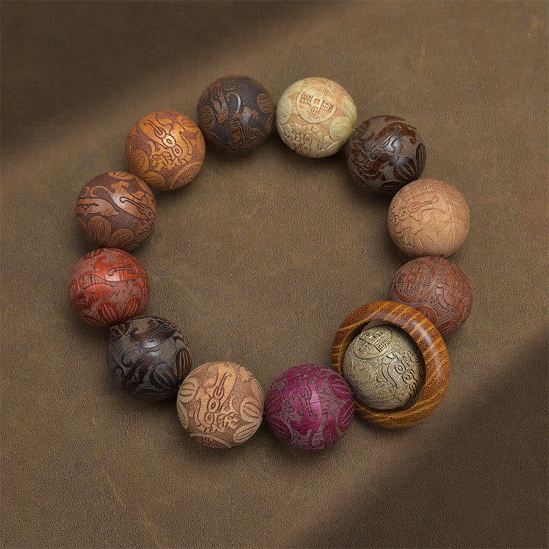 Buddha Stones Carving Sandalwood Chinese Zodiac Auspicious Dragon Phoenix Fu Character Healing Bracelet - Attract Wealth With Peace Buckle - image 16