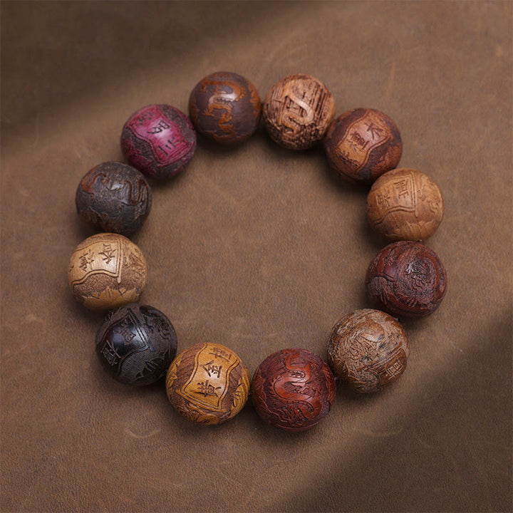Buddha Stones Carving Sandalwood Chinese Zodiac Auspicious Dragon Phoenix Fu Character Healing Bracelet - Twelve Materials - image 15