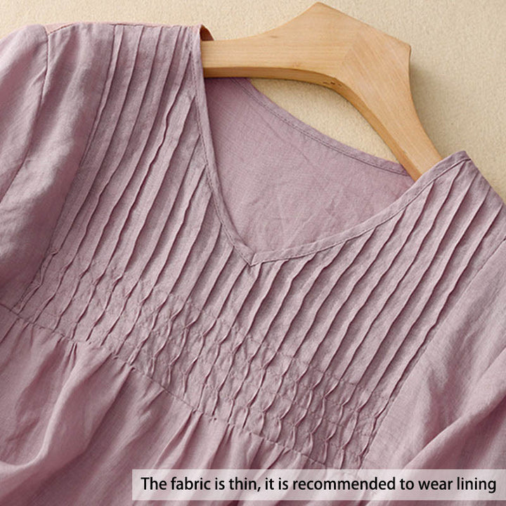 Buddha Stones Casual Plain Loose Women's V-Neck Design Half Sleeve Cotton Shirt - image 2